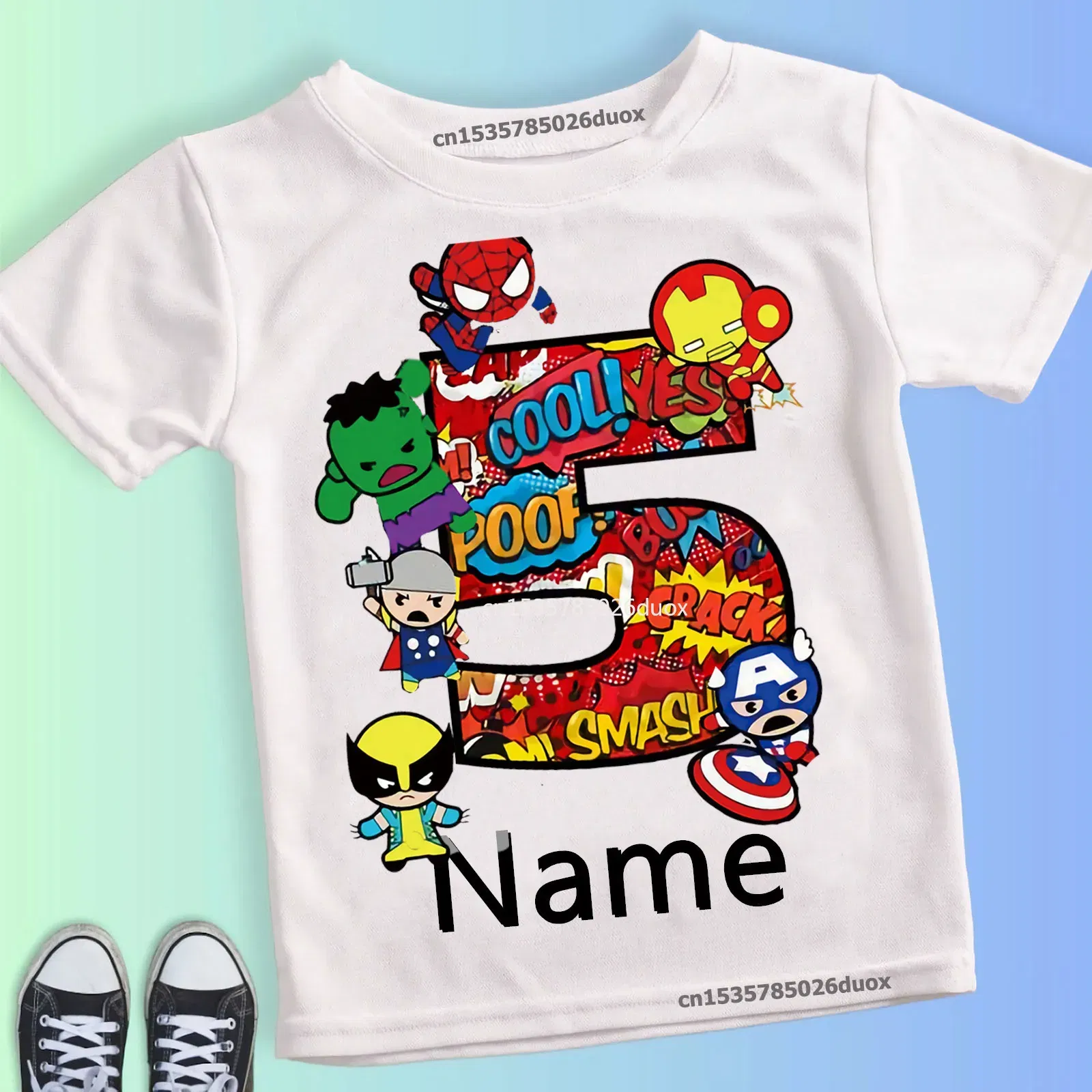 Color: black, Kid Size: 3T?€?€·?¤–?‰ - Summer 2024 3 4 5 6 7 8 9 Marvel SuperHero Birthday Girl Short Sleeved T-shirt The Avengers Personalize Name Birthday Boy Shirt - Image 4