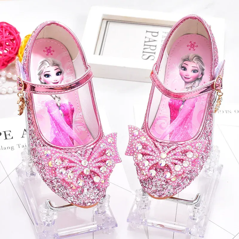 Color: Pink, Shoe Size: 30 - Disney Princess Elsa Leather Shoes Girls' High Heels Shoes Fashion Girls' Crystal Shiny Children's Blue Pink Shoes Size 26-35 - Image 2