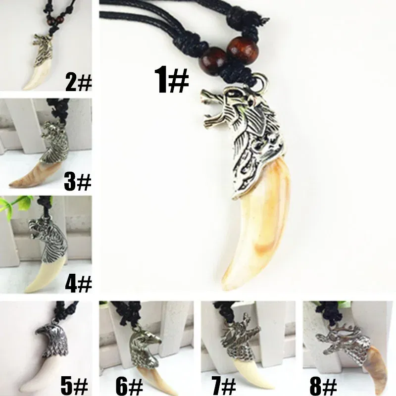 Metal Color: Rust Red, Length: 60cm, Ships From: CHINA - 8 style Punk Alloy Wolf Leopard head Eagle Head Tiger Teeth Pendant Necklace  Charms Beads Sweater Chain Rope Women Amulet