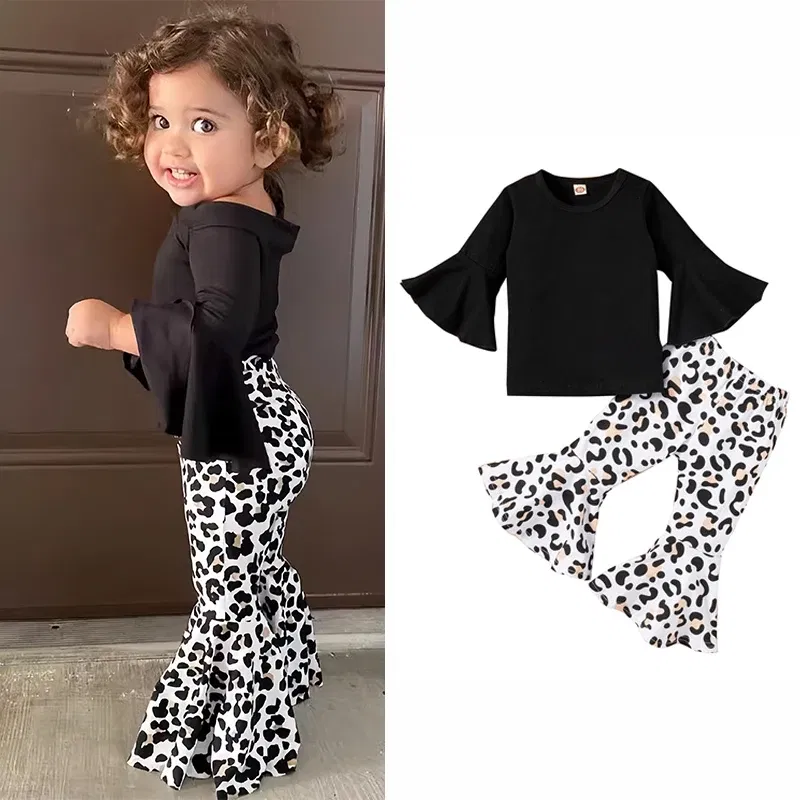 Color: black, Kid Size: 6T - 2pcs Baby Girl Clothes Sets Black Pullover Top + Leopard Print Bell-Bottoms Autumn Children's Clothing For 2 3 4 5 7 8 Years Old