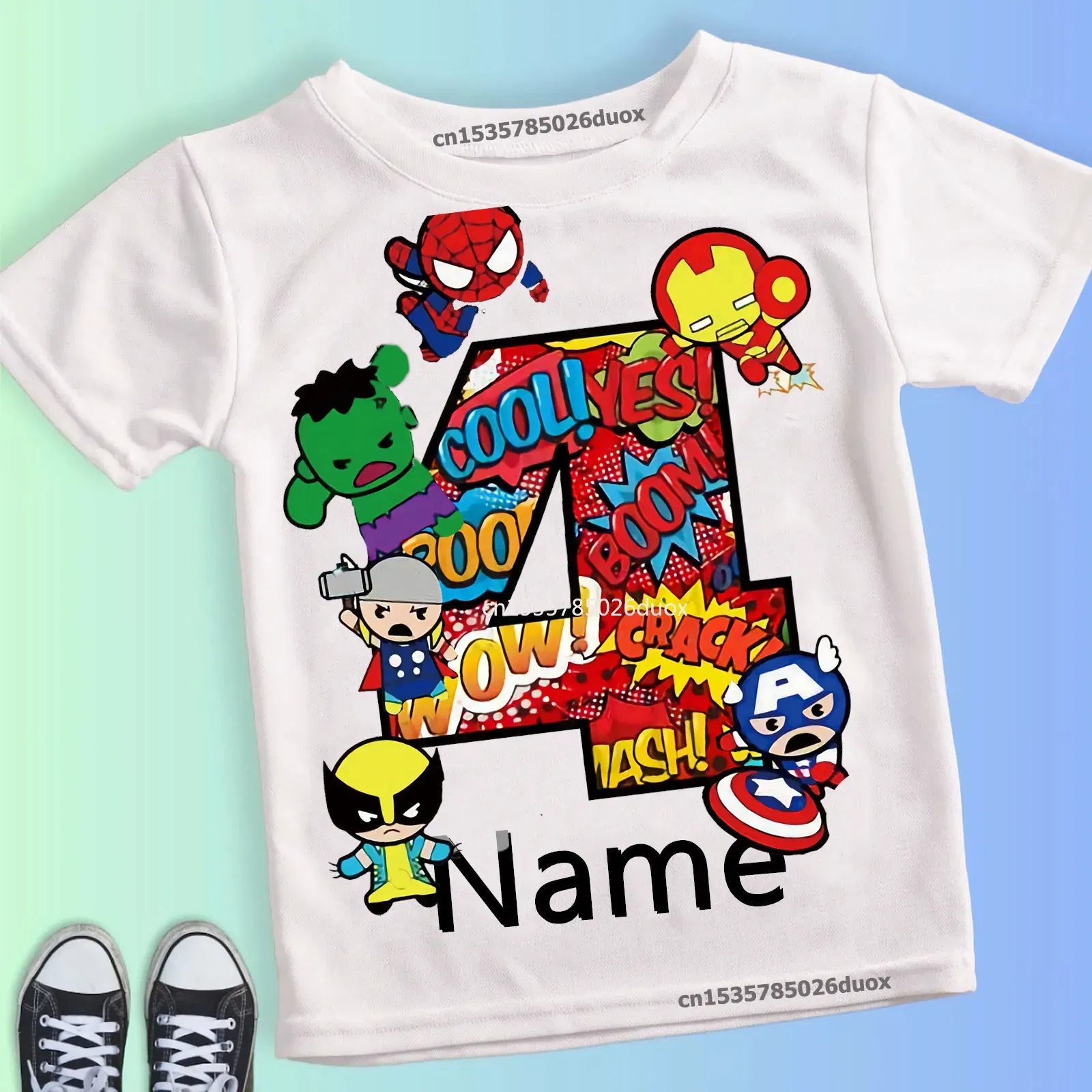 Color: black, Kid Size: 3T?€?€·?¤–?‰ - Summer 2024 3 4 5 6 7 8 9 Marvel SuperHero Birthday Girl Short Sleeved T-shirt The Avengers Personalize Name Birthday Boy Shirt - Image 3