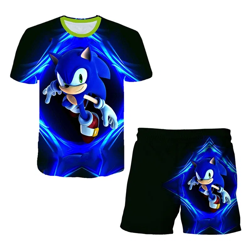 Color: Pink, Size: M - New Japanese cartoon Sonic T-shirt children's top T-shirt shorts two-piece set summer boy cartoon cute T-shirt+beach pants - Image 4